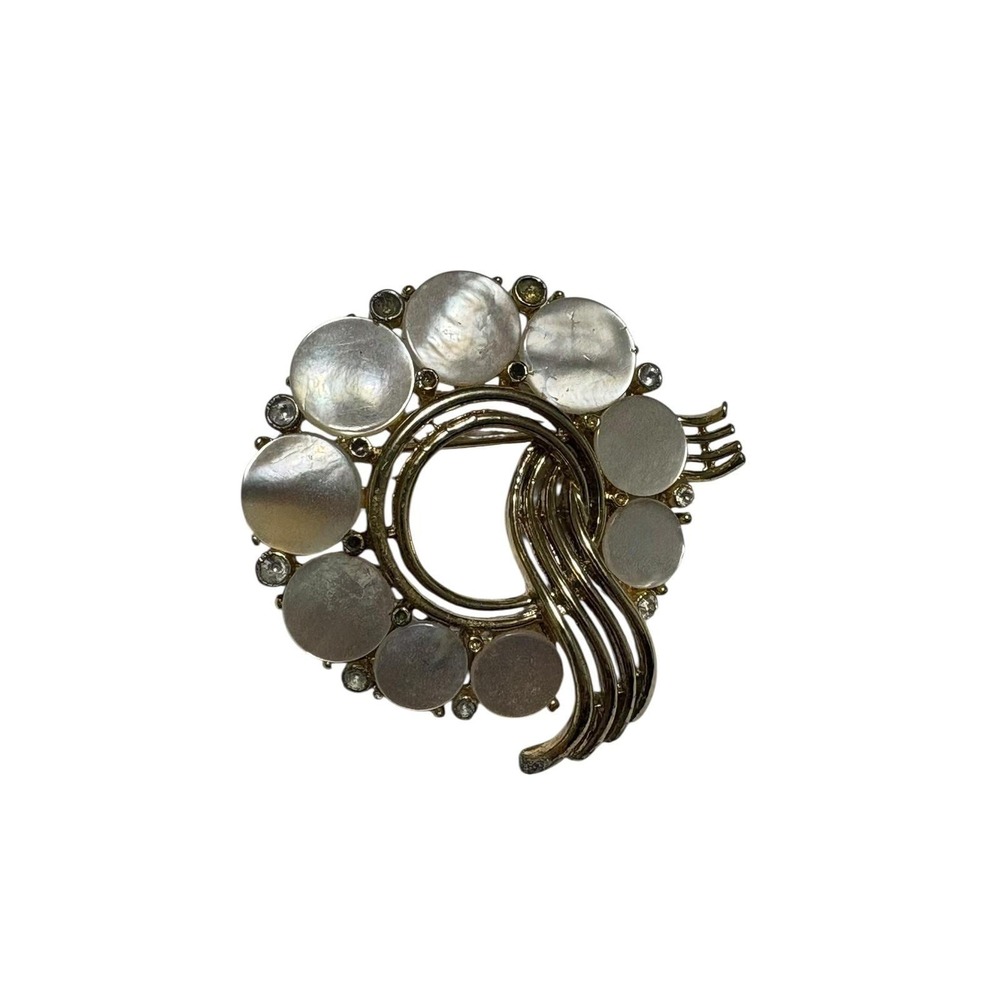 Vintage LISNER Gold Tone Mother of Pearl Brooch w/ Missing Rhinestones